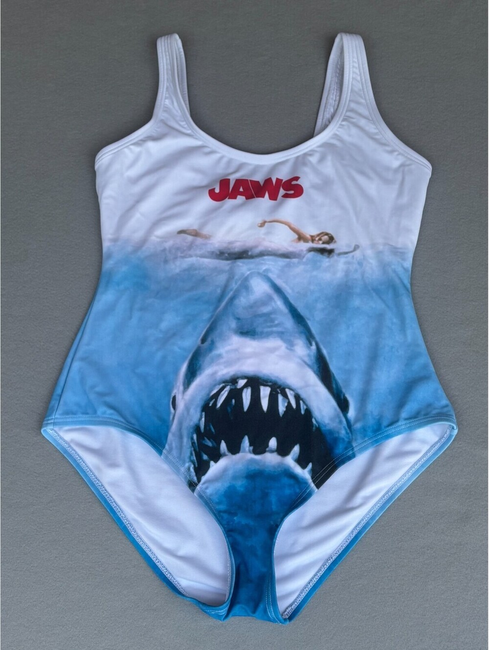 JAWS Movie Women's One Piece Swimsuit Shark Graphic Blue White Size Large